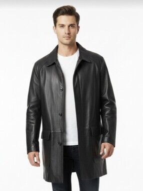 PHASE TWO! STUNNING BLACK GENUINE LEATHER ZIP-OUT THERMAL LINER COAT! SZ XL